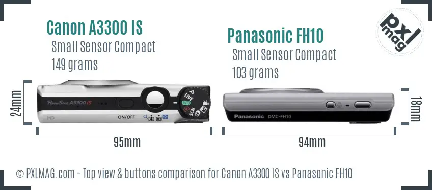 Canon A3300 IS vs Panasonic FH10 top view buttons comparison