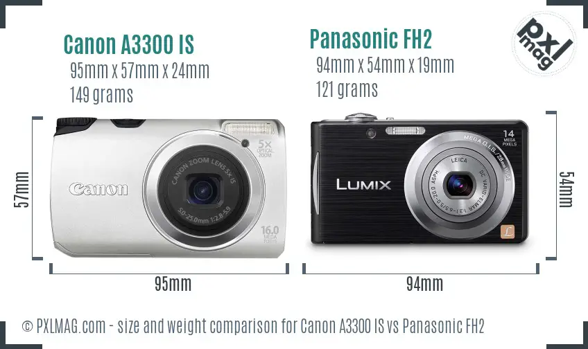Canon A3300 IS vs Panasonic FH2 size comparison