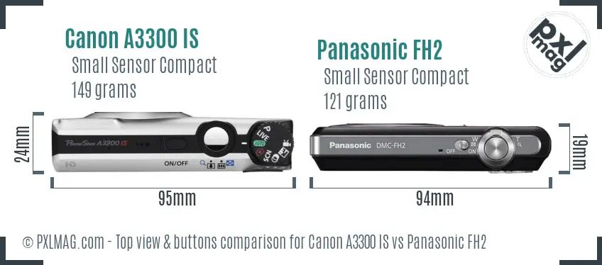 Canon A3300 IS vs Panasonic FH2 top view buttons comparison