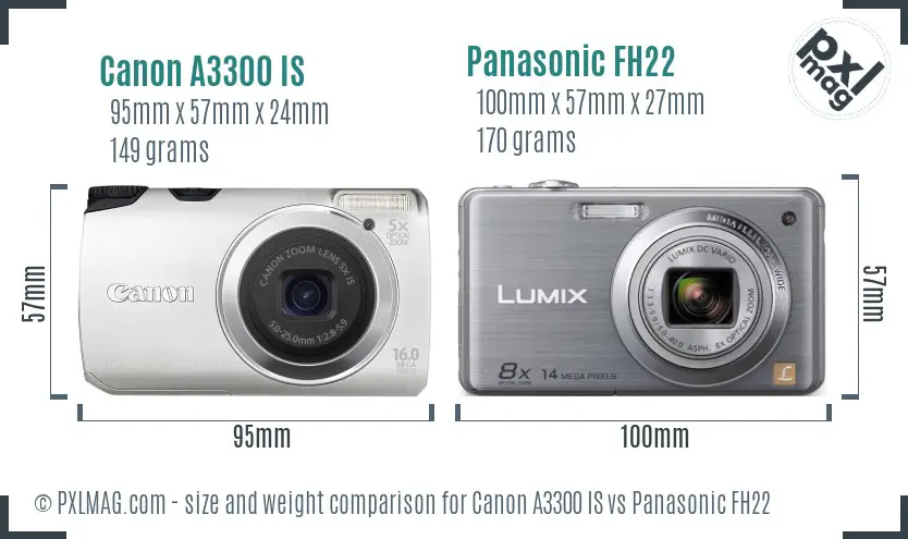Canon A3300 IS vs Panasonic FH22 size comparison