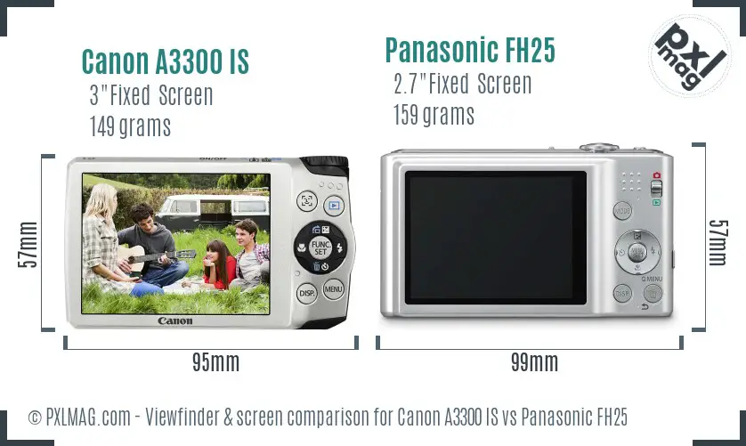 Canon A3300 IS vs Panasonic FH25 Screen and Viewfinder comparison