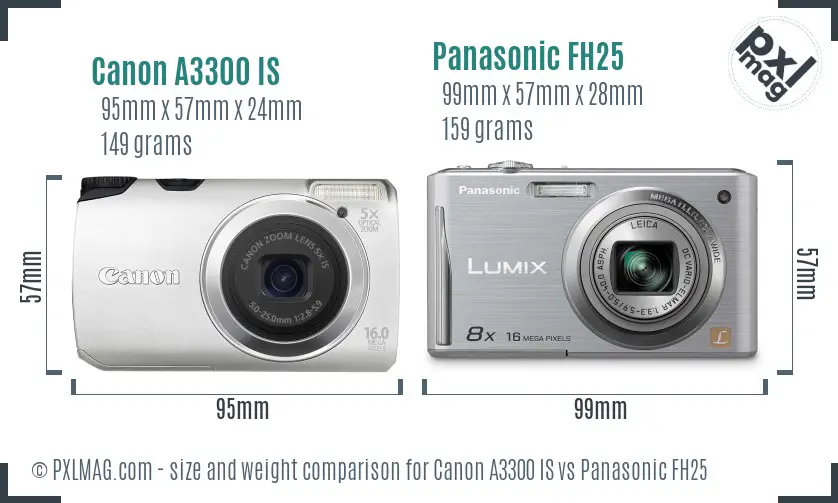 Canon A3300 IS vs Panasonic FH25 size comparison
