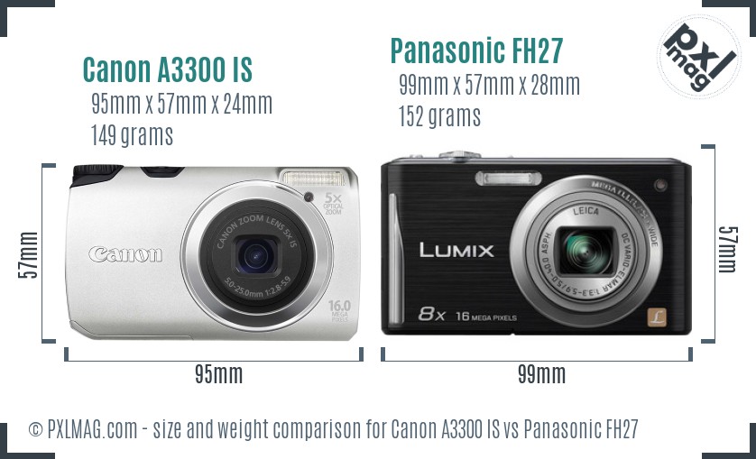 Canon A3300 IS vs Panasonic FH27 size comparison