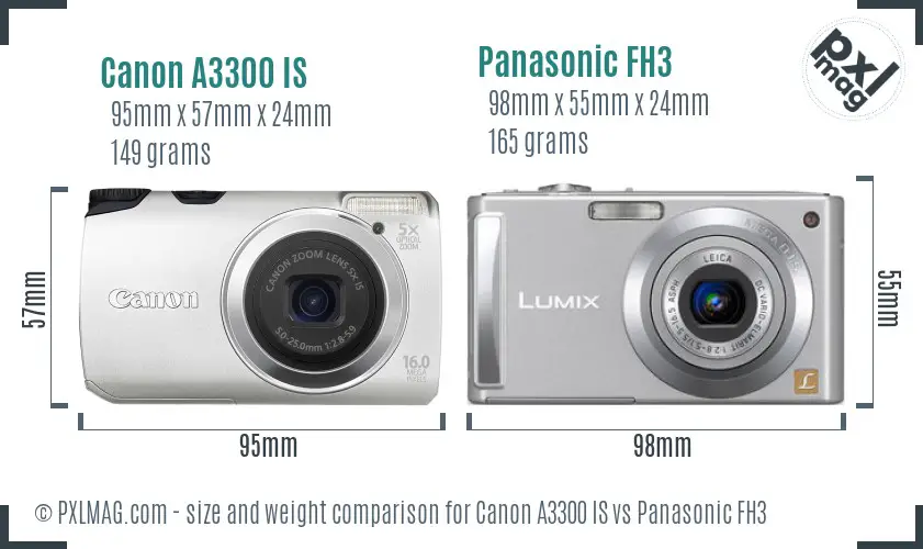 Canon A3300 IS vs Panasonic FH3 size comparison