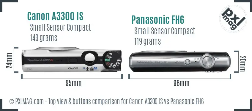 Canon A3300 IS vs Panasonic FH6 top view buttons comparison Canon A3300 IS vs Panasonic FH6 top view buttons comparison
