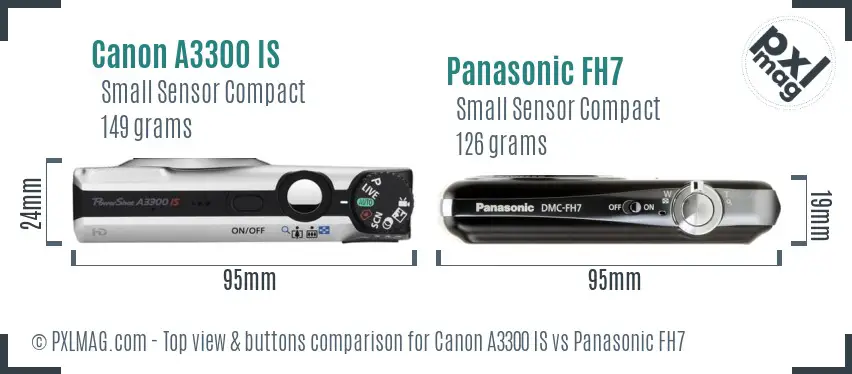 Canon A3300 IS vs Panasonic FH7 top view buttons comparison Canon A3300 IS vs Panasonic FH7 top view buttons comparison