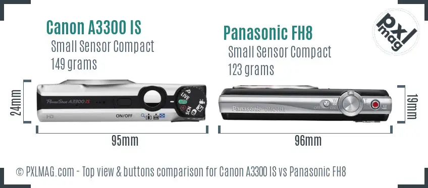 Canon A3300 IS vs Panasonic FH8 top view buttons comparison Canon A3300 IS vs Panasonic FH8 top view buttons comparison