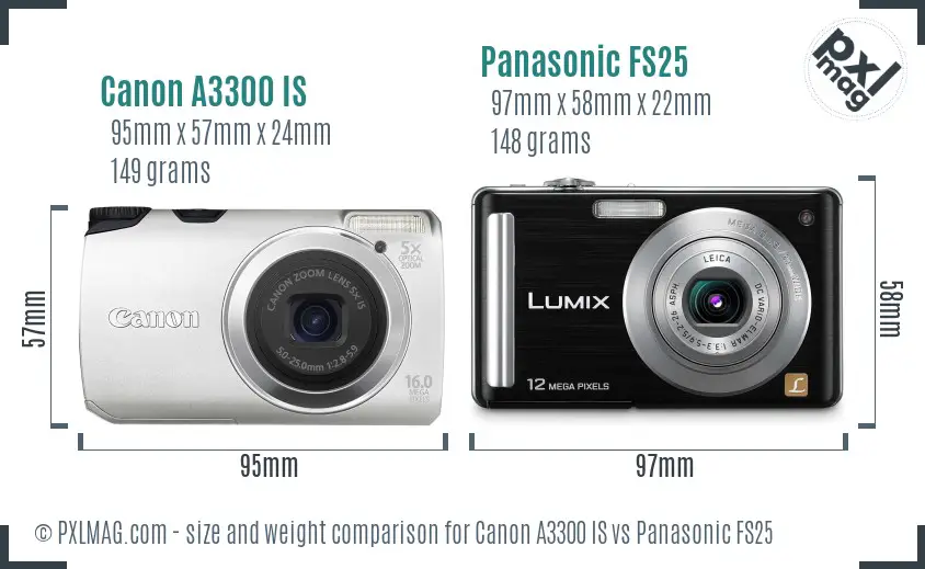 Canon A3300 IS vs Panasonic FS25 size comparison