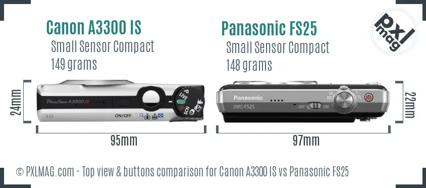 Canon A3300 IS vs Panasonic FS25 top view buttons comparison