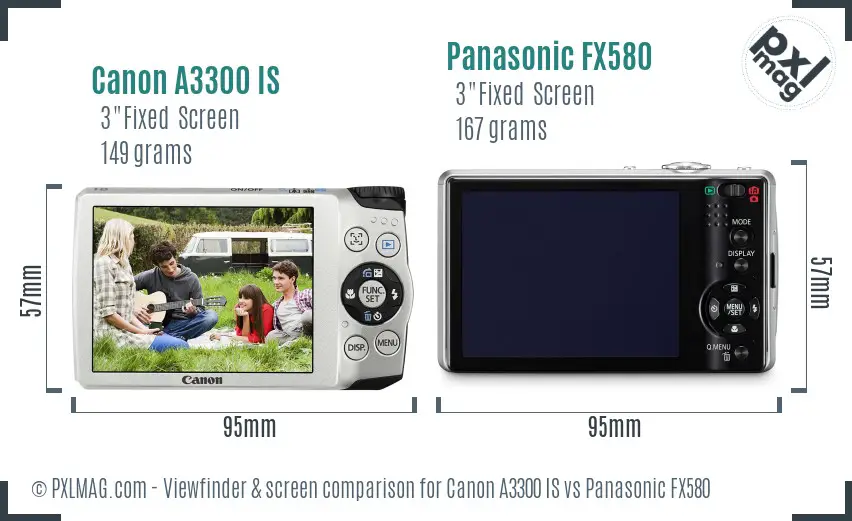 Canon A3300 IS vs Panasonic FX580 Screen and Viewfinder comparison