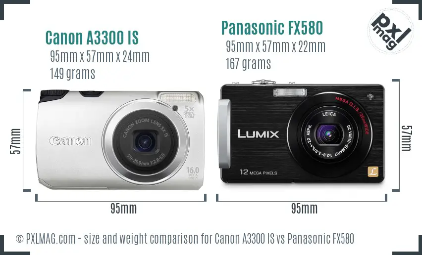 Canon A3300 IS vs Panasonic FX580 size comparison