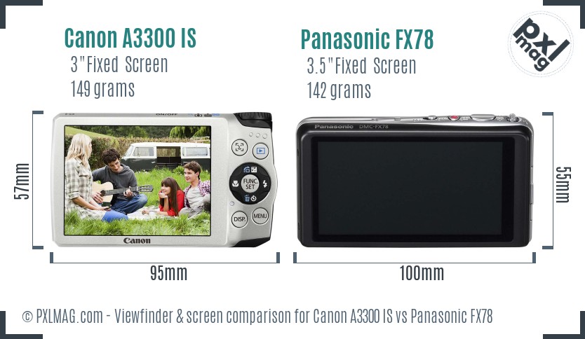 Canon A3300 IS vs Panasonic FX78 Screen and Viewfinder comparison