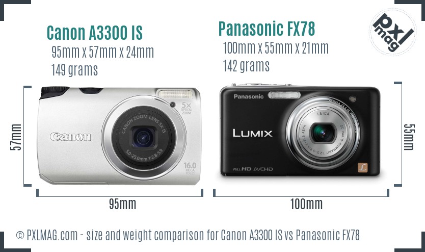 Canon A3300 IS vs Panasonic FX78 size comparison