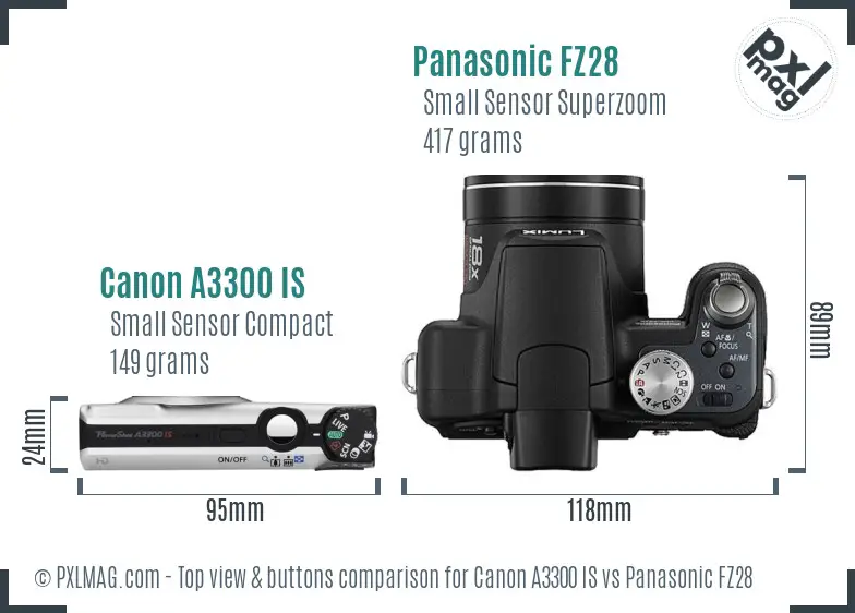 Canon A3300 IS vs Panasonic FZ28 top view buttons comparison