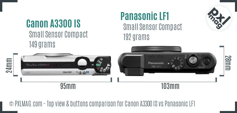 Canon A3300 IS vs Panasonic LF1 top view buttons comparison Canon A3300 IS vs Panasonic LF1 top view buttons comparison