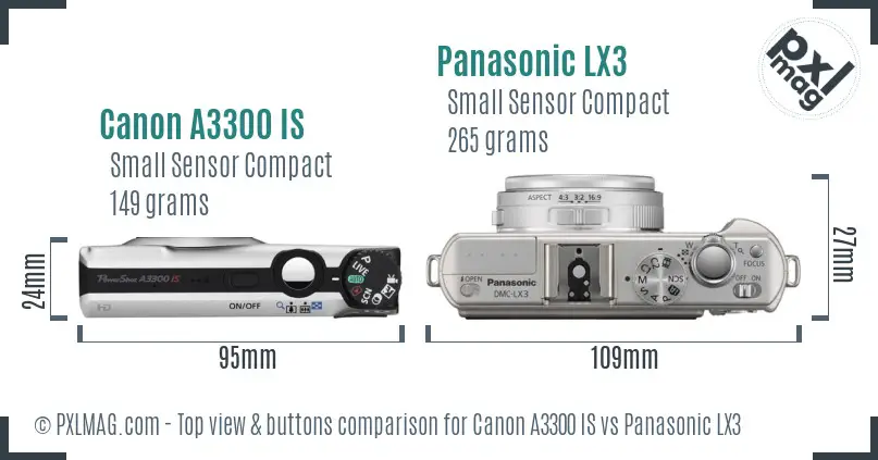 Canon A3300 IS vs Panasonic LX3 top view buttons comparison
