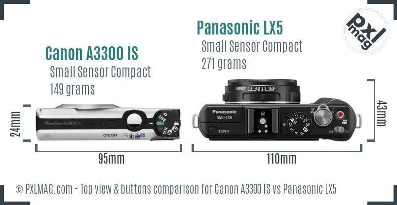 Canon A3300 IS vs Panasonic LX5 top view buttons comparison