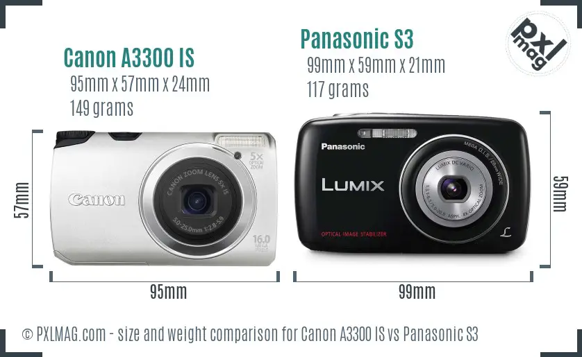 Canon A3300 IS vs Panasonic S3 size comparison
