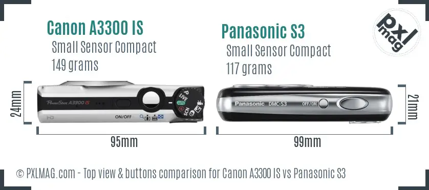 Canon A3300 IS vs Panasonic S3 top view buttons comparison