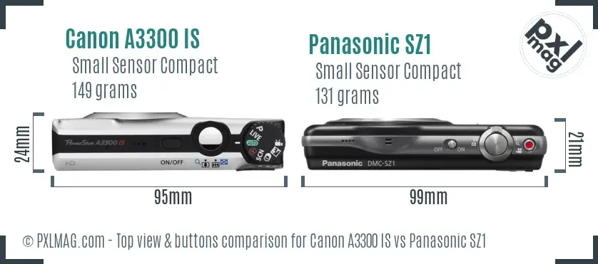 Canon A3300 IS vs Panasonic SZ1 top view buttons comparison Canon A3300 IS vs Panasonic SZ1 top view buttons comparison