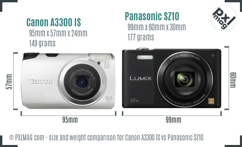 Canon A3300 IS vs Panasonic SZ10 size comparison