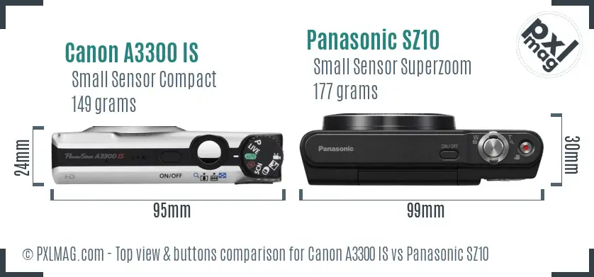 Canon A3300 IS vs Panasonic SZ10 top view buttons comparison