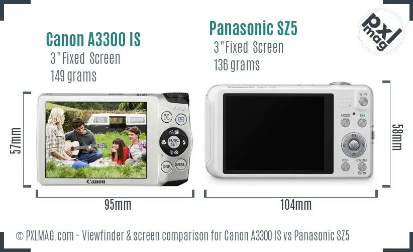 Canon A3300 IS vs Panasonic SZ5 Screen and Viewfinder comparison