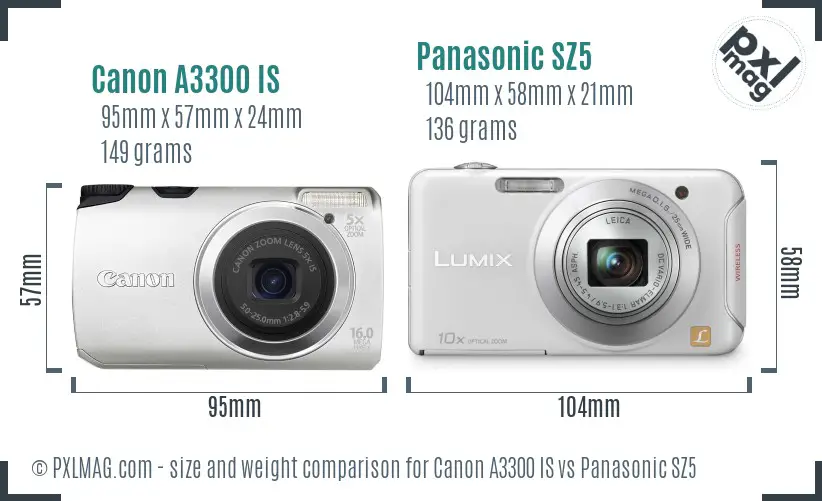 Canon A3300 IS vs Panasonic SZ5 size comparison
