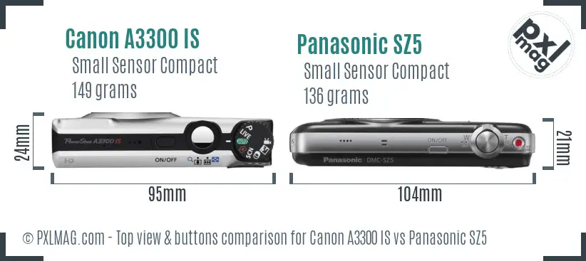 Canon A3300 IS vs Panasonic SZ5 top view buttons comparison
