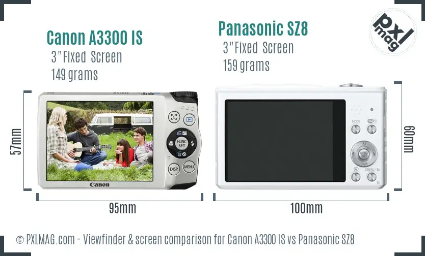 Canon A3300 IS vs Panasonic SZ8 Screen and Viewfinder comparison Canon A3300 IS vs Panasonic SZ8 Screen and Viewfinder comparison