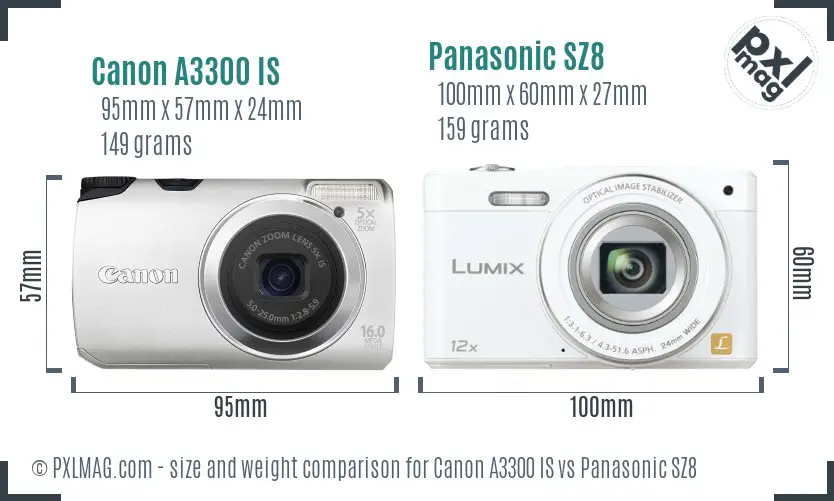 Canon A3300 IS vs Panasonic SZ8 size comparison Canon A3300 IS vs Panasonic SZ8 size comparison
