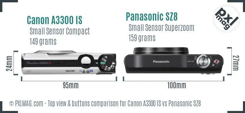 Canon A3300 IS vs Panasonic SZ8 top view buttons comparison Canon A3300 IS vs Panasonic SZ8 top view buttons comparison