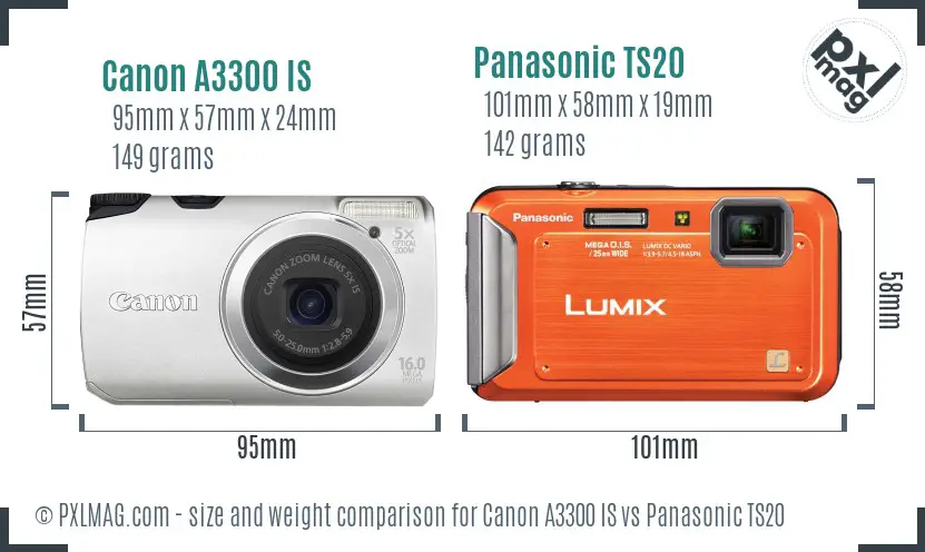 Canon A3300 IS vs Panasonic TS20 size comparison