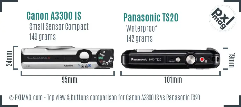 Canon A3300 IS vs Panasonic TS20 top view buttons comparison