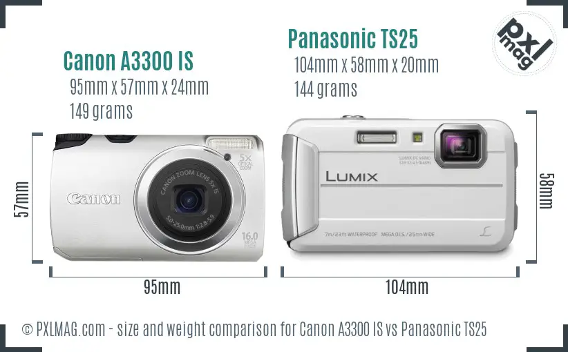 Canon A3300 IS vs Panasonic TS25 size comparison