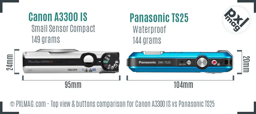 Canon A3300 IS vs Panasonic TS25 top view buttons comparison