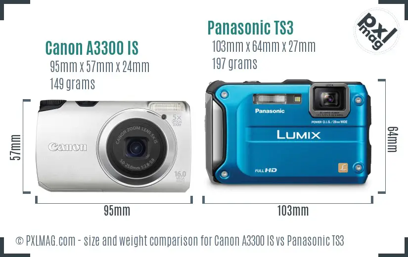 Canon A3300 IS vs Panasonic TS3 size comparison