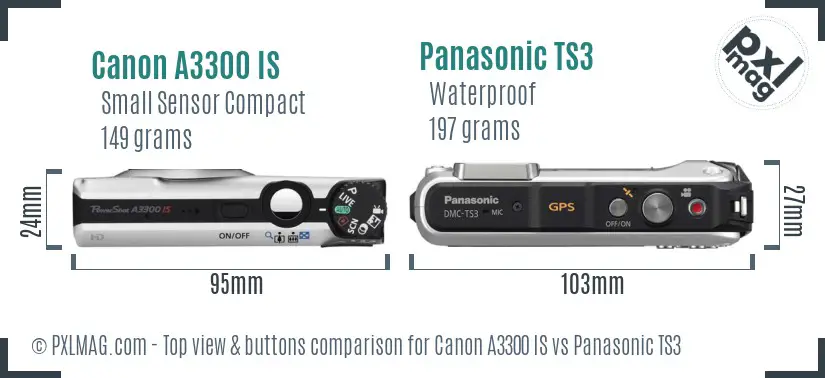 Canon A3300 IS vs Panasonic TS3 top view buttons comparison