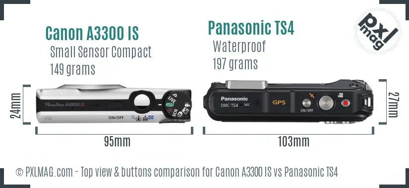 Canon A3300 IS vs Panasonic TS4 top view buttons comparison