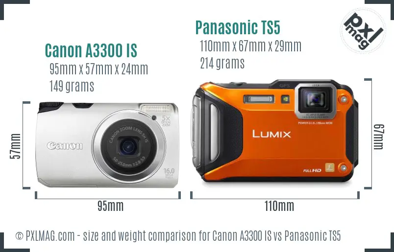 Canon A3300 IS vs Panasonic TS5 size comparison
