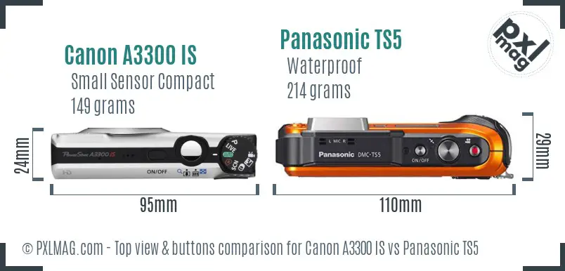 Canon A3300 IS vs Panasonic TS5 top view buttons comparison