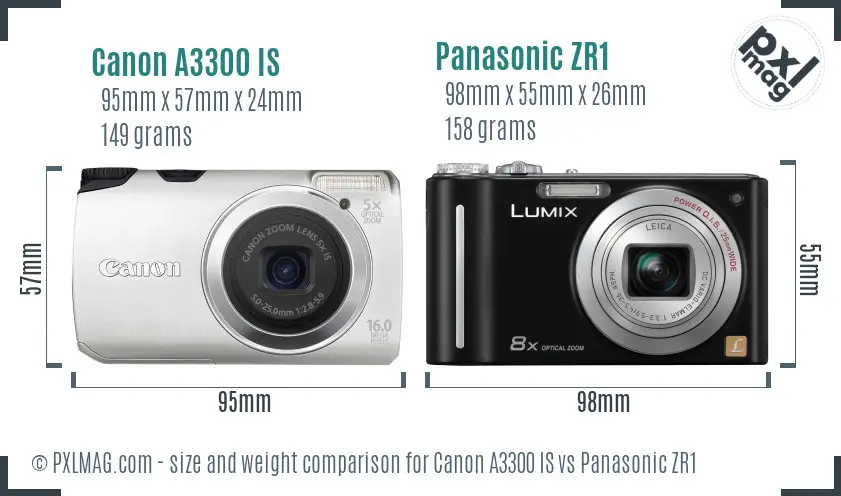 Canon A3300 IS vs Panasonic ZR1 size comparison