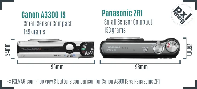 Canon A3300 IS vs Panasonic ZR1 top view buttons comparison