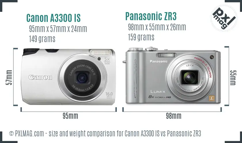 Canon A3300 IS vs Panasonic ZR3 size comparison