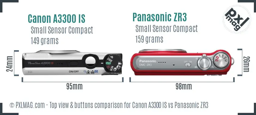 Canon A3300 IS vs Panasonic ZR3 top view buttons comparison