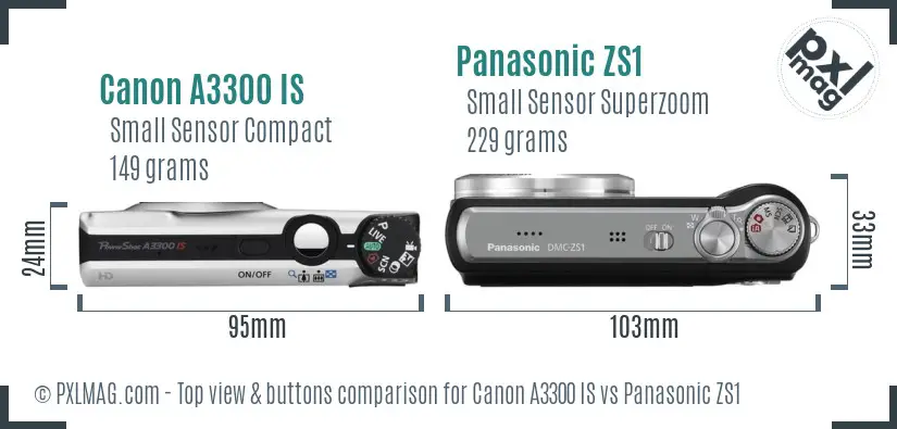 Canon A3300 IS vs Panasonic ZS1 top view buttons comparison