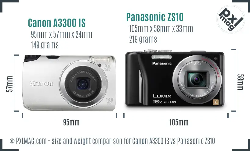 Canon A3300 IS vs Panasonic ZS10 size comparison