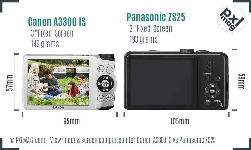 Canon A3300 IS vs Panasonic ZS25 Screen and Viewfinder comparison