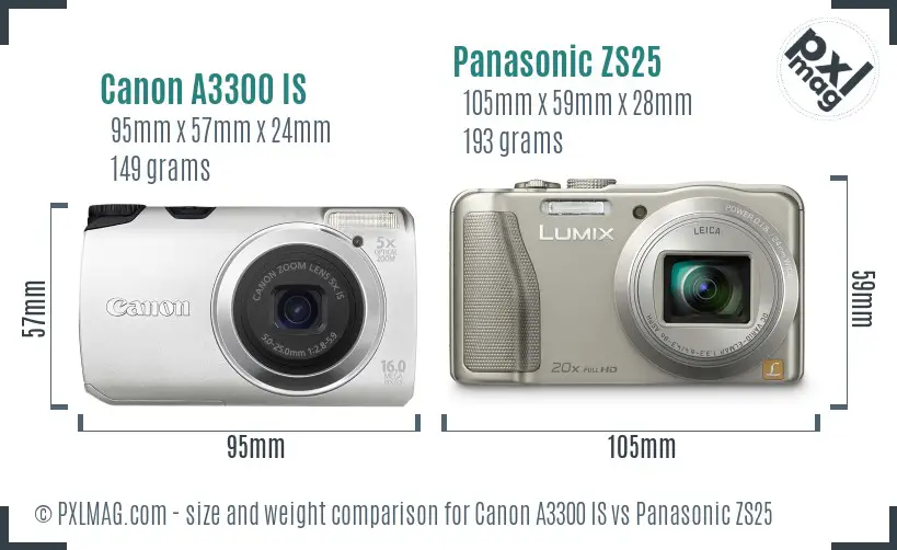 Canon A3300 IS vs Panasonic ZS25 size comparison