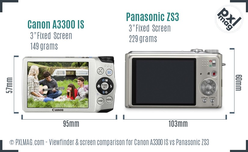 Canon A3300 IS vs Panasonic ZS3 Screen and Viewfinder comparison